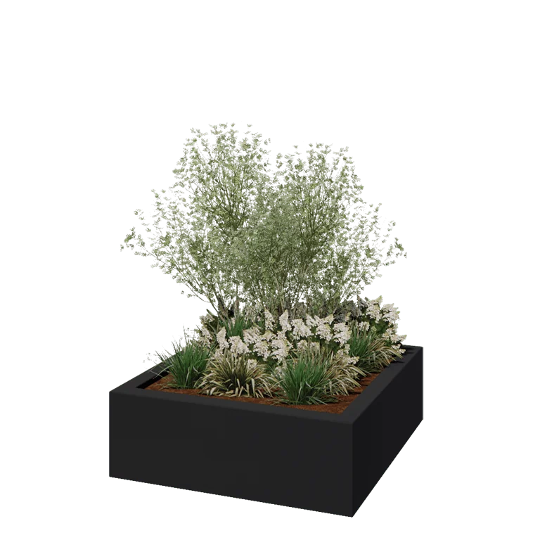 Üvegszálas virágláda - Négyzet - 120 x 120 x 40 cm - RAL7021 matt (fekete szürke) - Alátéttel