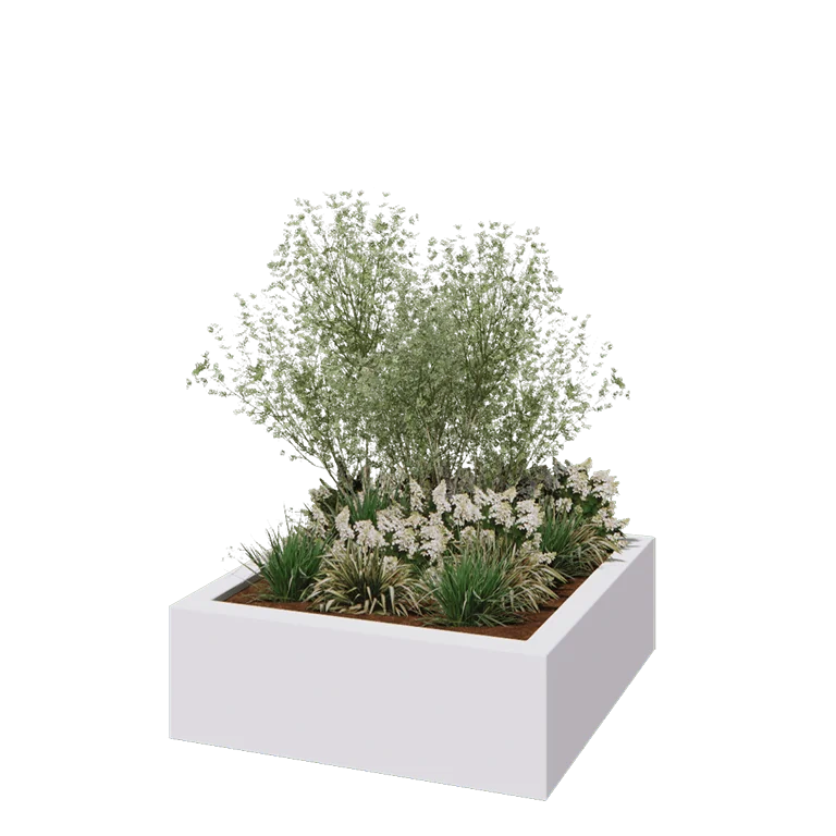 Üvegszálas virágláda - Négyzet - 120 x 120 x 40 cm - RAL9010 matt (fehér) - Alátéttel