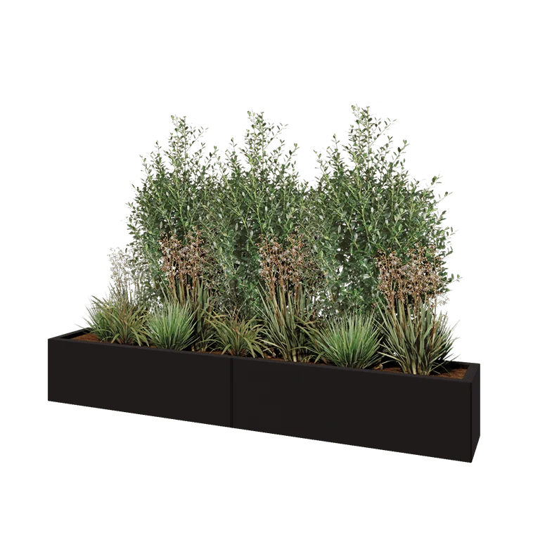 Acél virágláda XXL - Téglalap - 200 x 30 x 30 cm - RAL9005 matt (fekete) - Fenéklemezzel