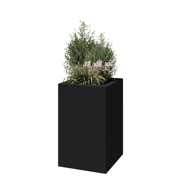 Üvegszálas virágláda - Négyzet - 50 x 50 x 80 cm - RAL7021 matt (fekete szürke) - Alátéttel